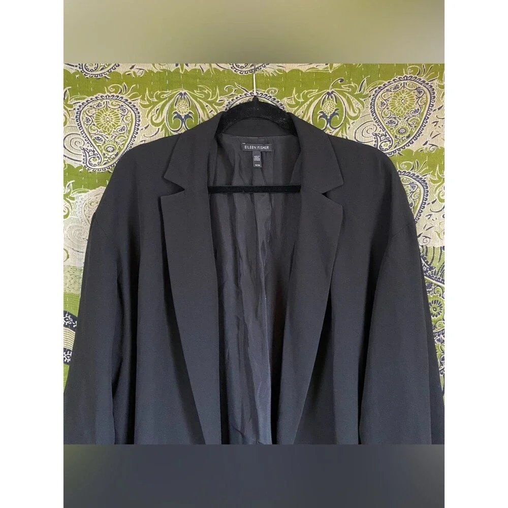 Eileen Fisher Black 100% Silk Crepe Georgette Modern Kimono Blazer Size Medium - Picture 3 of 15